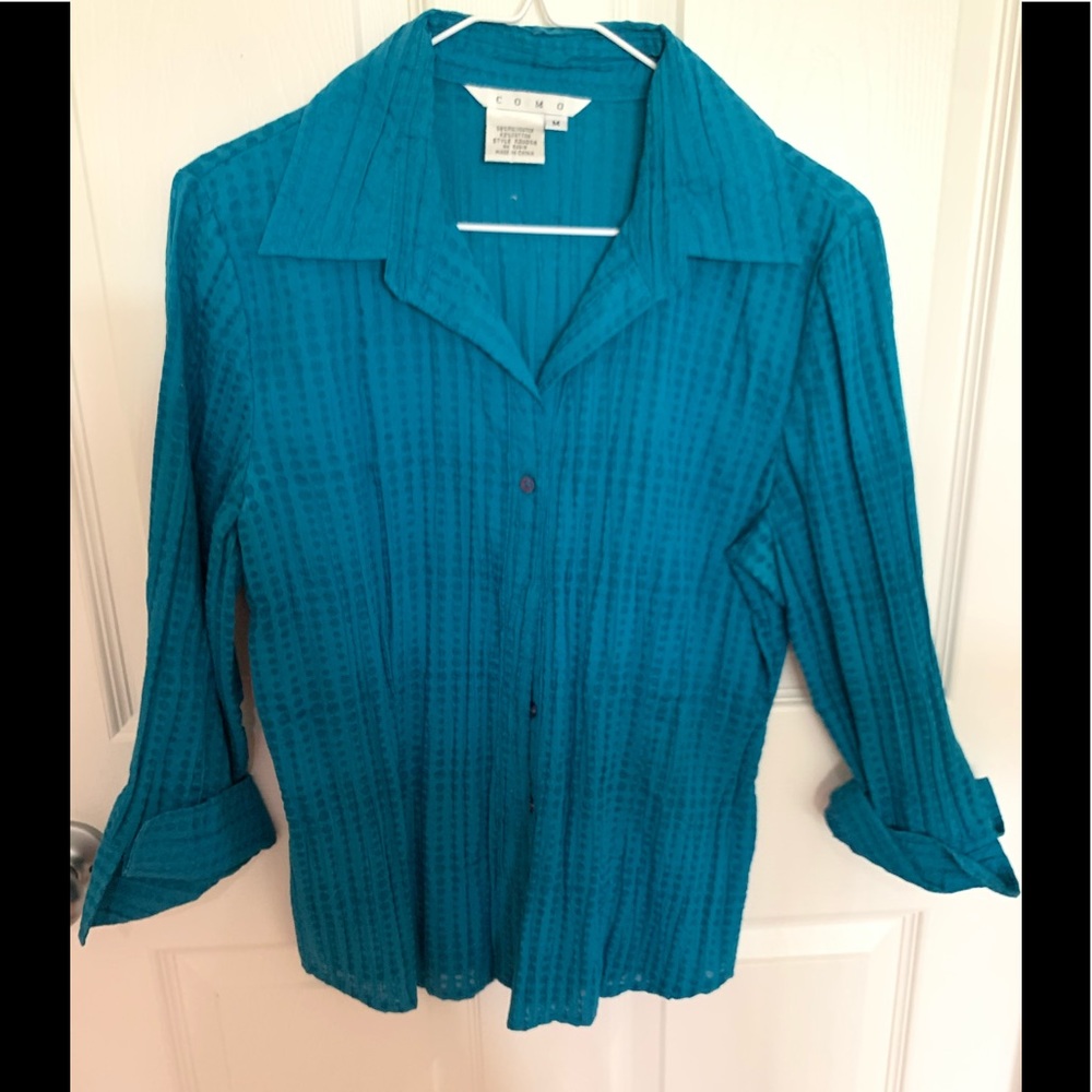 Como teal blue 3/4 button down collar top M